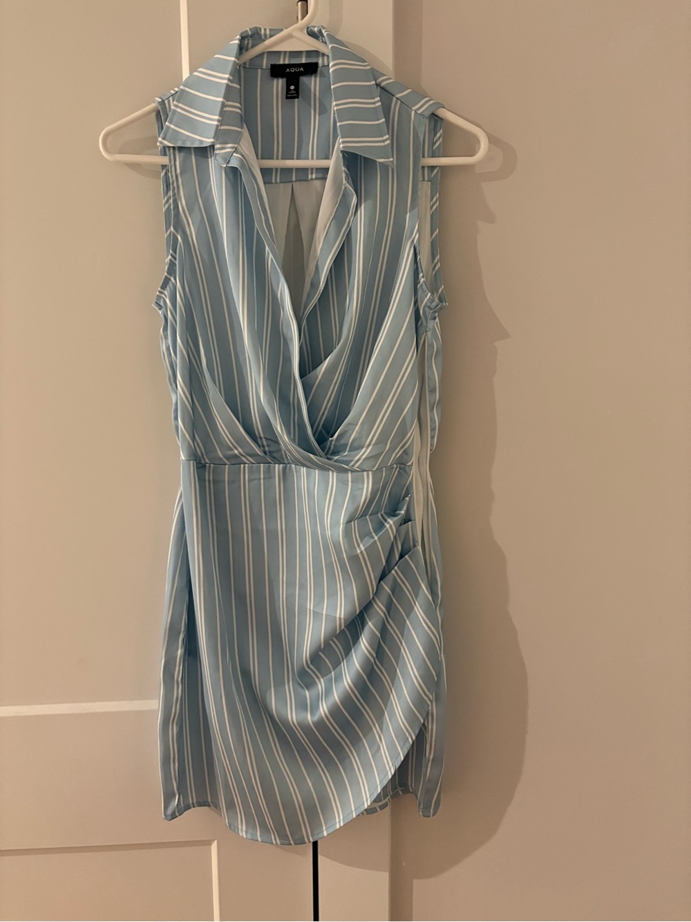 Aqua Collared Sleeveless Light Blue & White Striped Mini Dress